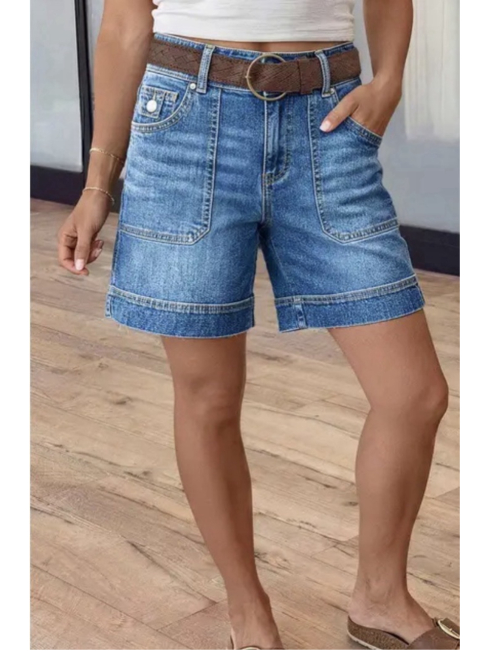 Flamingals Wash Split Mid Waist Denim Mid Thigh Shorts S